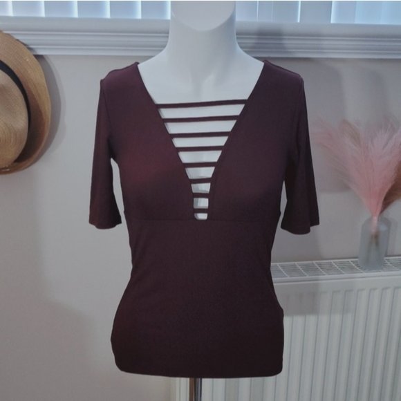 H&M Plunge Strappy Ribbed Burgundy Top- XS - Picture 1 of 7